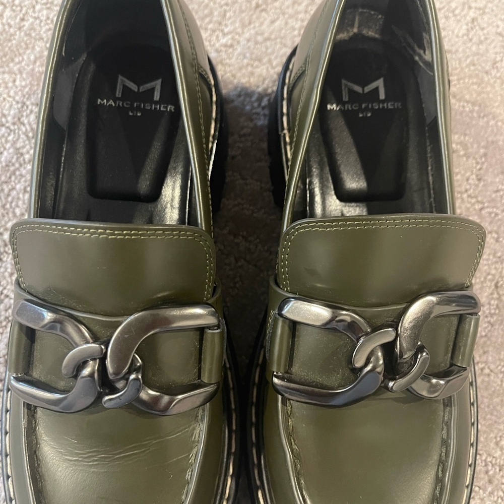 Marc Fisher Trisca Loafers, Olive Green, Leather, Metal Accent, Lug Sole, Sz. 6M - Picture 10 of 15